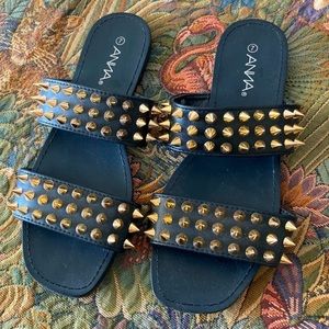 ANNA Black Spiky Studded Flat Sandals